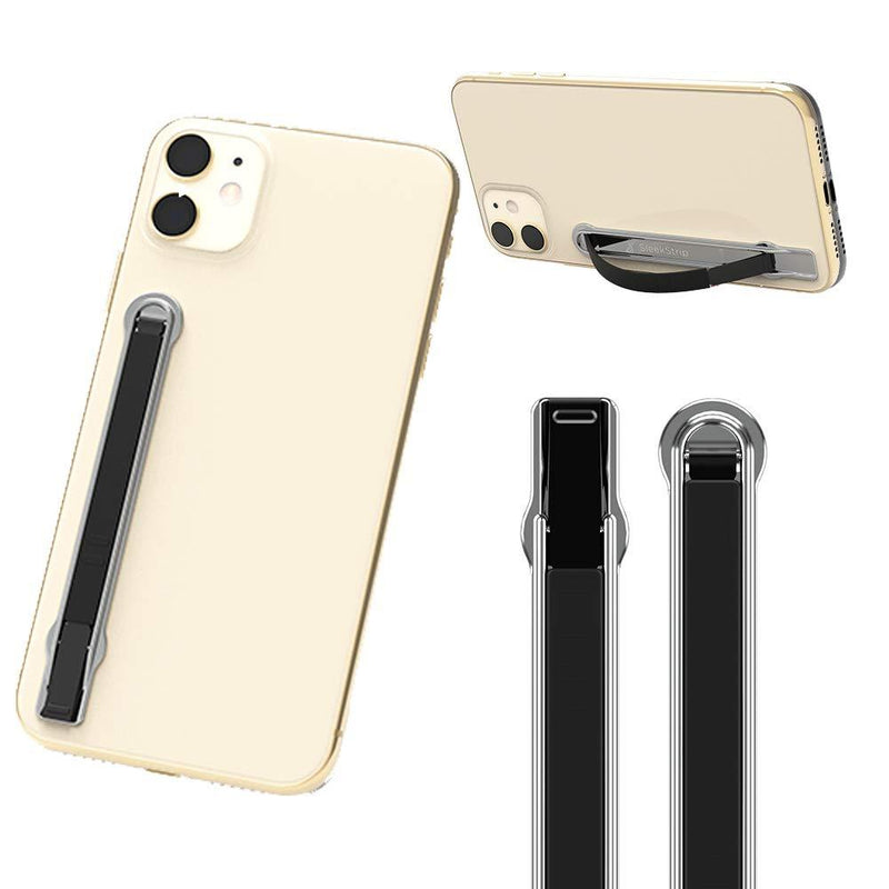 SleekStrip Stand & Grip - Ultra Thin Phone Strap Holder for Hand with 2-Angle Stand, Modern Design with Strong Hold Adhesive, Fits Most iPhone and Android Phone Cases, Wireless Chargers and Car Mounts Shiny Chrome Base x Black Strip - LeoForward Australia