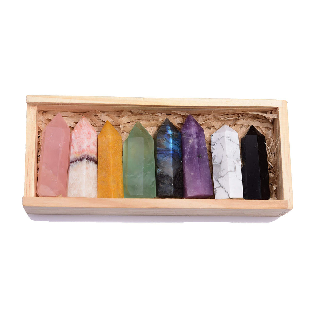  [AUSTRALIA] - Runyangshi 8pcs Natural Crystal Healing Tower Gift Set, 1.6"-2" Crystal 6 Faceted Crystal Prism Wand for Reiki Chakra Meditation Home Decor (Chakra Set-B) Chakra Set-b
