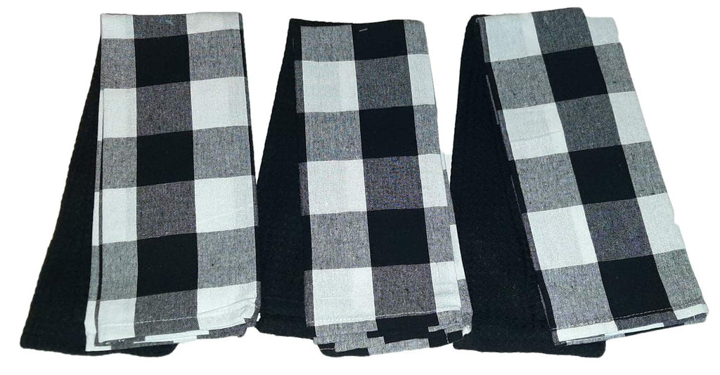  [AUSTRALIA] - Buffalo Check Linen and Waffle Weave Kitchen Towels Set of 6 100% Cotton Dish Towels (Black/White) Black/White