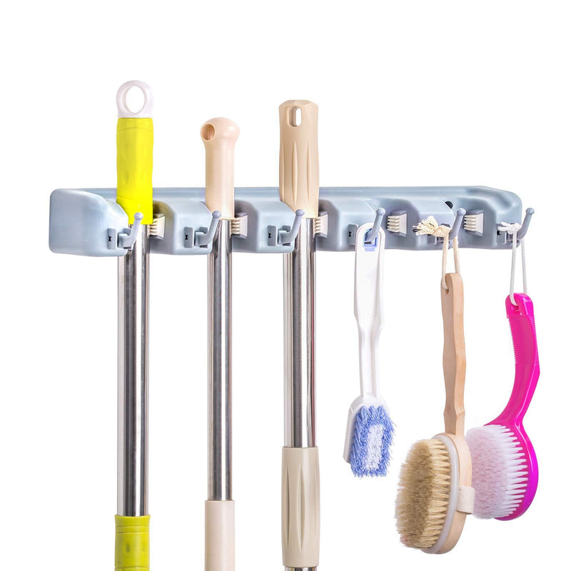  [AUSTRALIA] - Broom Holder Wall Mount, McoMce Broom Holder with 5 Positions and 6 Hooks, Broom and Mop Holder Wall Mounted for Garage, Home & Garden Tool Organizing, Practical Mop and Broom Holder Wall Mount(Gray)