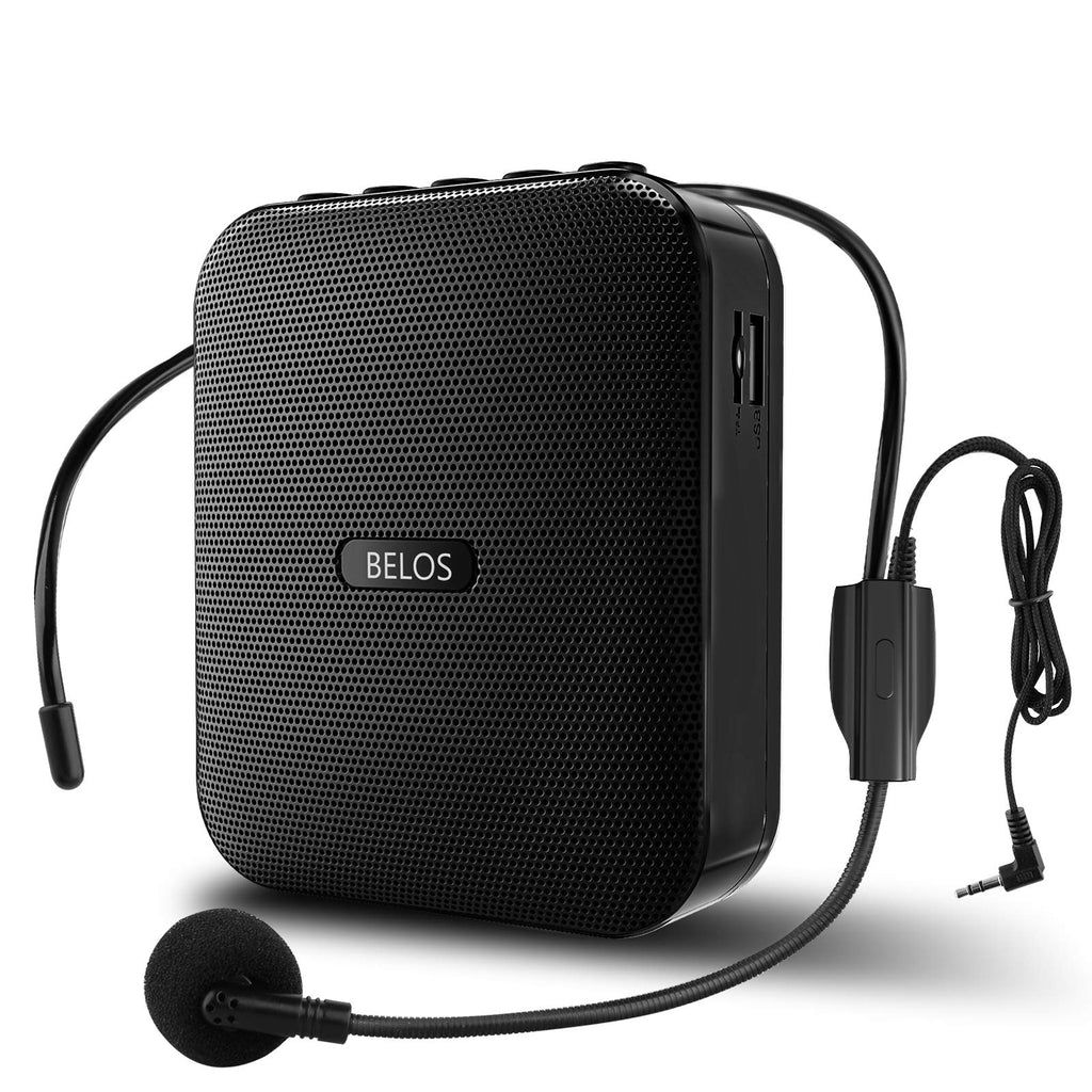  [AUSTRALIA] - Voice Amplifier BELOS Portable Rechargeable Mini Speaker with Wired Microphone Headset and Waistband, Support Record, MP3 TF Card for Teachers, Coaches, Tour Guide, Classroom, Outdoors, Elderly BLACK