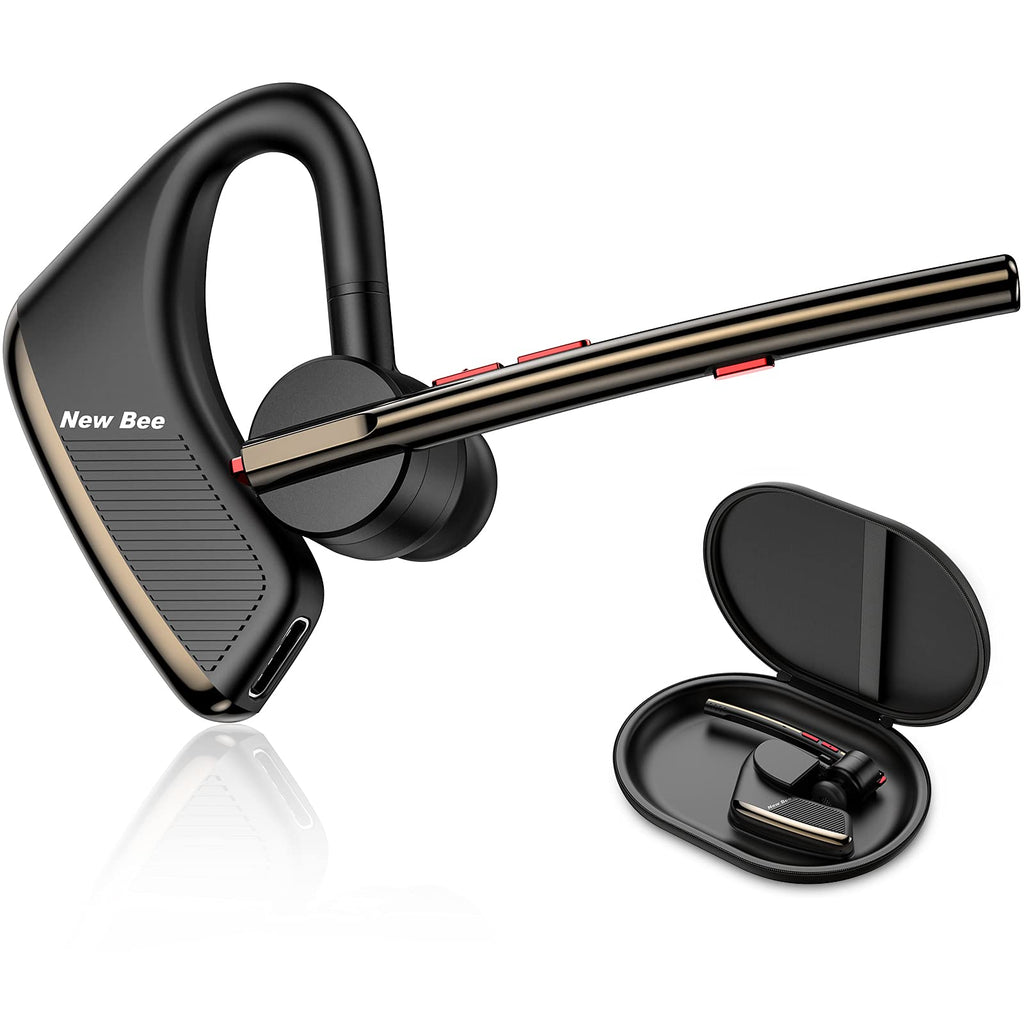  [AUSTRALIA] - Bluetooth Headset New bee 24Hrs Talktime CVC8.0 Dual Mic Noise Cancelling Bluetooth Earpiece V5.2 Wireless Headset for Cell Phone/iPhone/Android/Driver/Business/Office Black