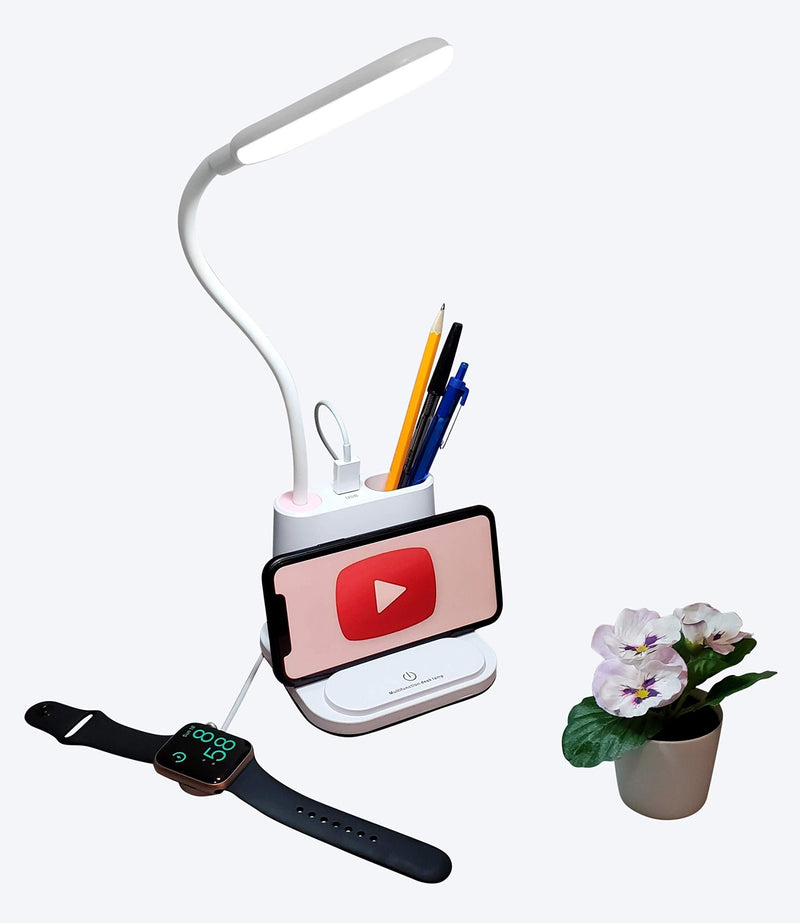 LED Desk Lamp for Office - Rechargeable with USB Charging Port - USB Convenience Port - Flexible - White/Warm Light, Adjustable Brightness - Pen & Phone Holder - Work & Study from Home - Color: White - LeoForward Australia