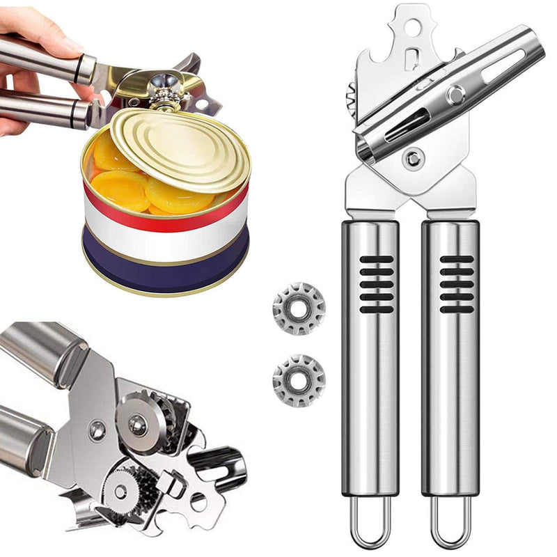  [AUSTRALIA] - Can Opener, Kitchen Stainless Steel Manual Heavy Duty Cans Openers Smooth Edge Durable Food Safe Cut 3-in-1 Tool Tin Beer Jar Bottle for Seniors with Arthritis Hands Friendly Jars Tools 2 Spare Blades 3-in-1 Stainless Steel Can Opener + 2 Spare Blades