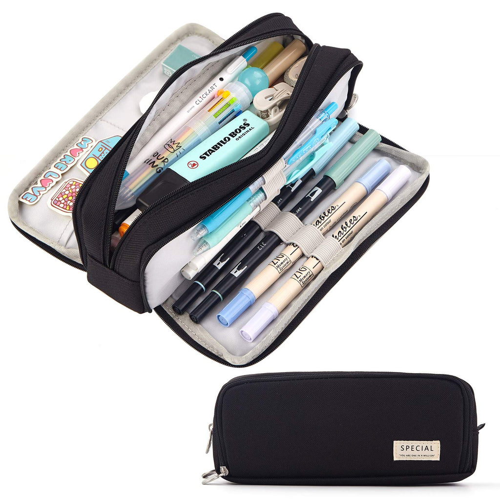  [AUSTRALIA] - CICIMELON Large Capacity Pencil Case 3 Compartment Pouch Pen Bag for School Teen Girl Boy Men Women (Black) Black