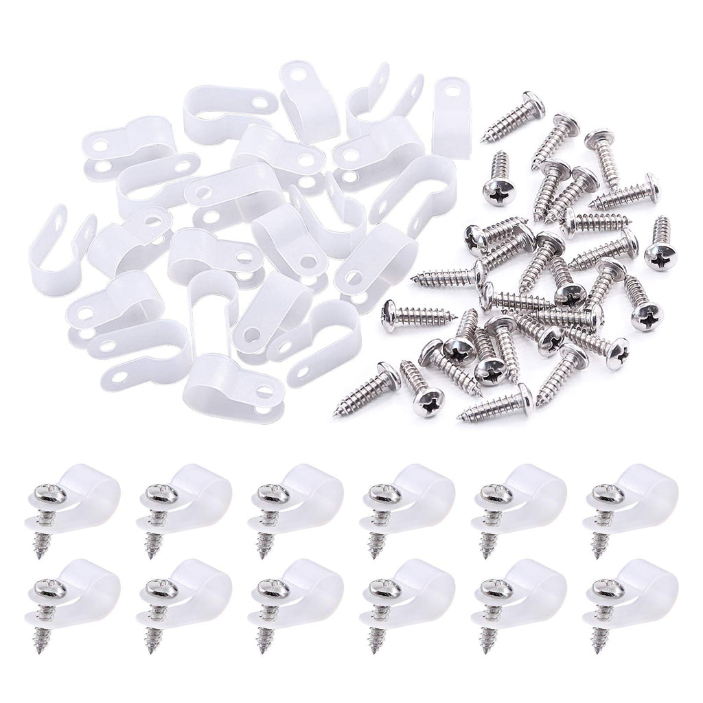  [AUSTRALIA] - Swpeet 120 Pack White 3/8 Inch Nylon Plastic R-Type Cable Clips Clamp Kit, Nylon Screw Mounting Cord Fastener Clips with 120 Pack Screws for Wire Management (3/8 Inch, White)