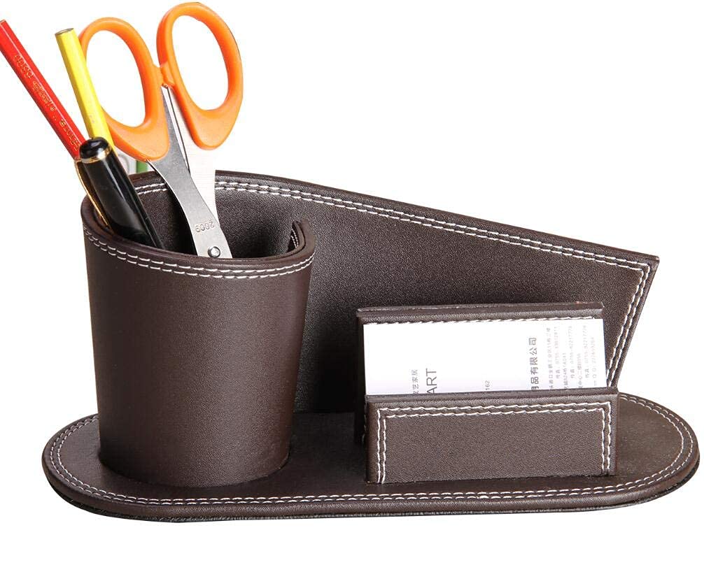 PU Leather stylish personality pen holder,Multi-function Desk Stationery Organizer creative , multifunctional storage box for business card (Brown) Brown - LeoForward Australia