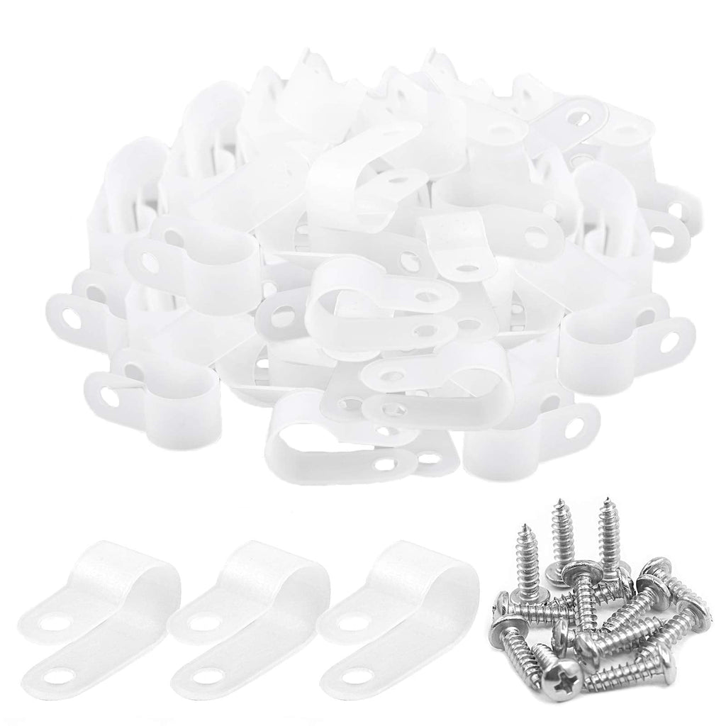  [AUSTRALIA] - Keadic 60 Pieces 1/2 inch White Nylon Cable Clamps with Stainless Steel Screws, R-Type Mounting Cord Fastener Wire Clamps for Wire Pipe Management
