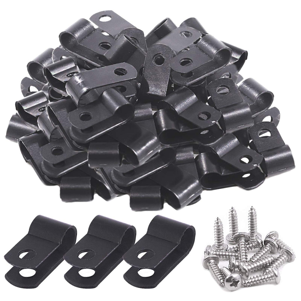  [AUSTRALIA] - Keadic 120 Pieces 1/4 inch Black Nylon Cable Clamps with Stainless Steel Screws, R-Type Mounting Cord Fastener Wire Clamps for Wire Pipe Management