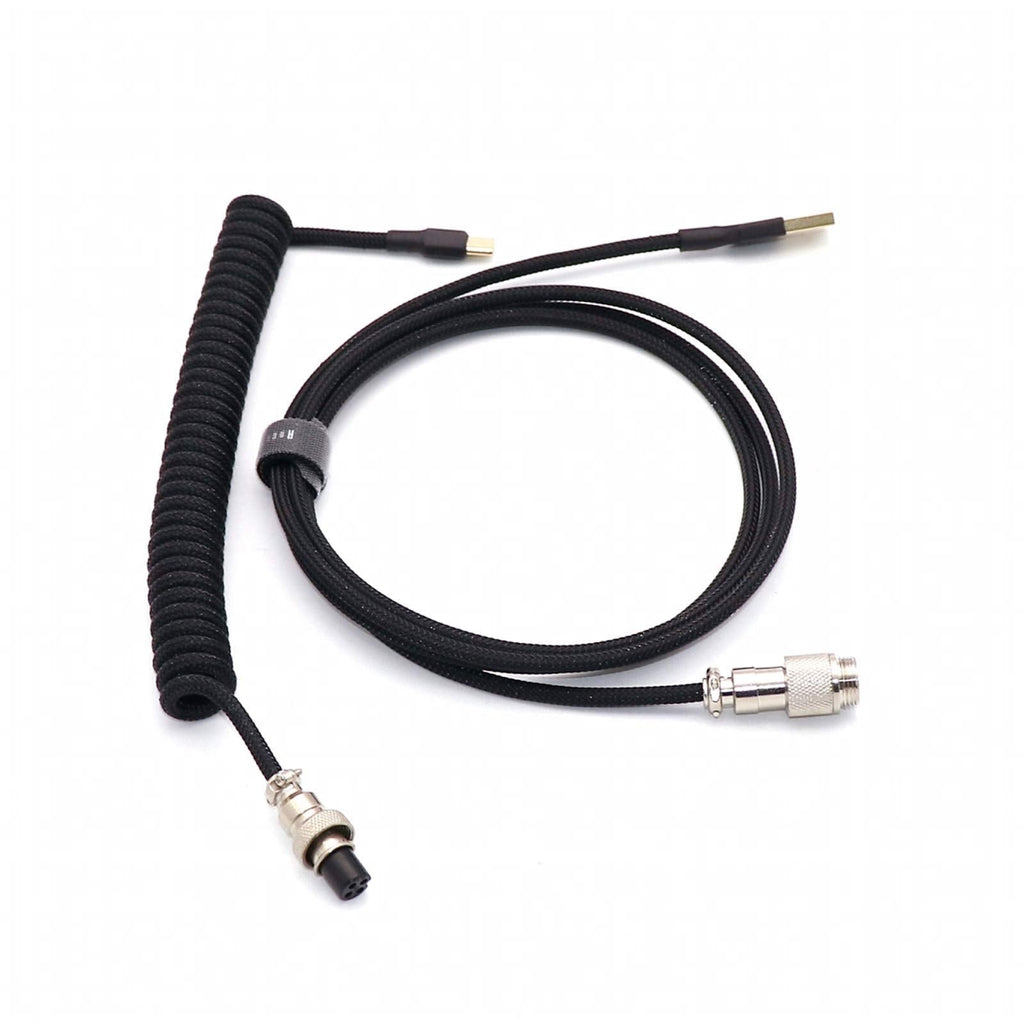  [AUSTRALIA] - Angitu L Shape Single Sleeved PET Coiled Type C Cable for Mechanical Keyboard Coiling Spring Sprial Cable with GX12 Aviator (1.5M+0.2M, Black) 1.5M+0.2M