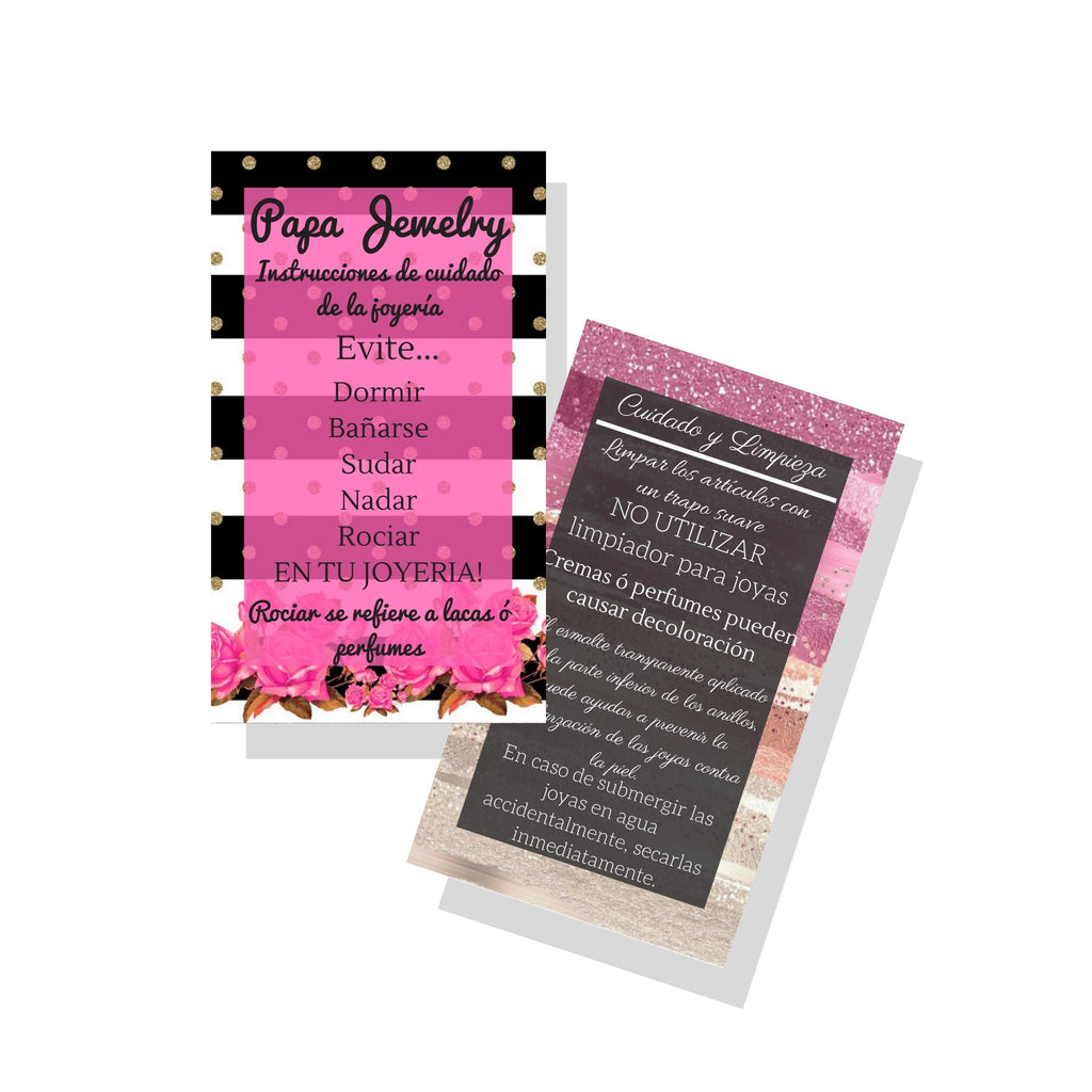  [AUSTRALIA] - Spanish Jewelry Cleaning and Care Cards | Package of 50 | Jewelry Bling Queen Care Instructions in Spanish | Striped with Floral Design