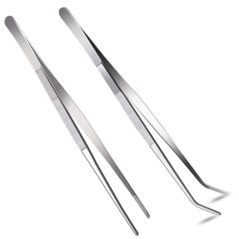  [AUSTRALIA] - 2 Pcs 12 Inch Long Handle Stainless Steel Straight and Curved Tweezers Nippers, Set with Serrated Tips Comfortable Ridged Handle for Garden, Kitchen, Indoors and Outdoors