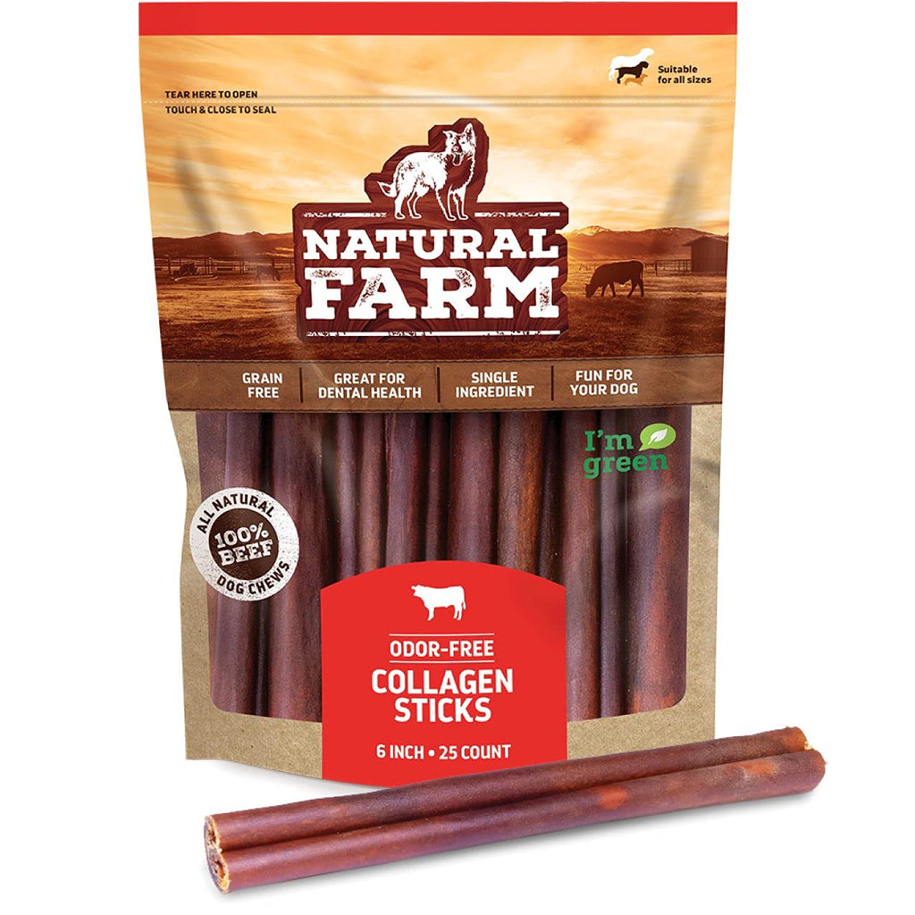 Natural Farm Collagen Sticks - Odor-Free, 6-Inch (25 Units) - 95% Natural Collagen Supports Healthy Joints, Skin & Coat - Small, Medium Dogs – Lasts 20% Longer Than Regular Bully Sticks 6 Inch (Pack of 25) - LeoForward Australia