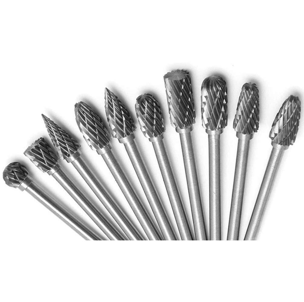 Linekong 10 Pcs Tungsten Carbide Double Cut Rotary Burr Set 3 mm (1/8 Inch) Shank and 6 mm (1/4 Inch) for Grinder Drill, DIY Wood-working Carving, Metal Polishing, Engraving, Drilling - LeoForward Australia
