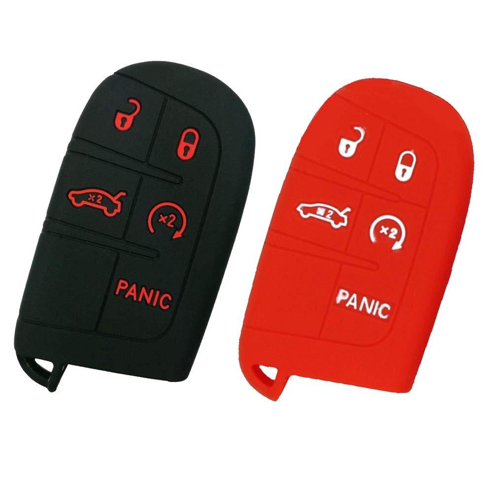 BTSMONE 2pcs Silicone 5 Buttons Smart Key Fob Remote Cover Case Keyless Entry Protector Bag for Jeep Grand Cherokee Dodge Challenger Charger Dart Durango Journey Chrysler 300 (Black Red) Black+Red - LeoForward Australia