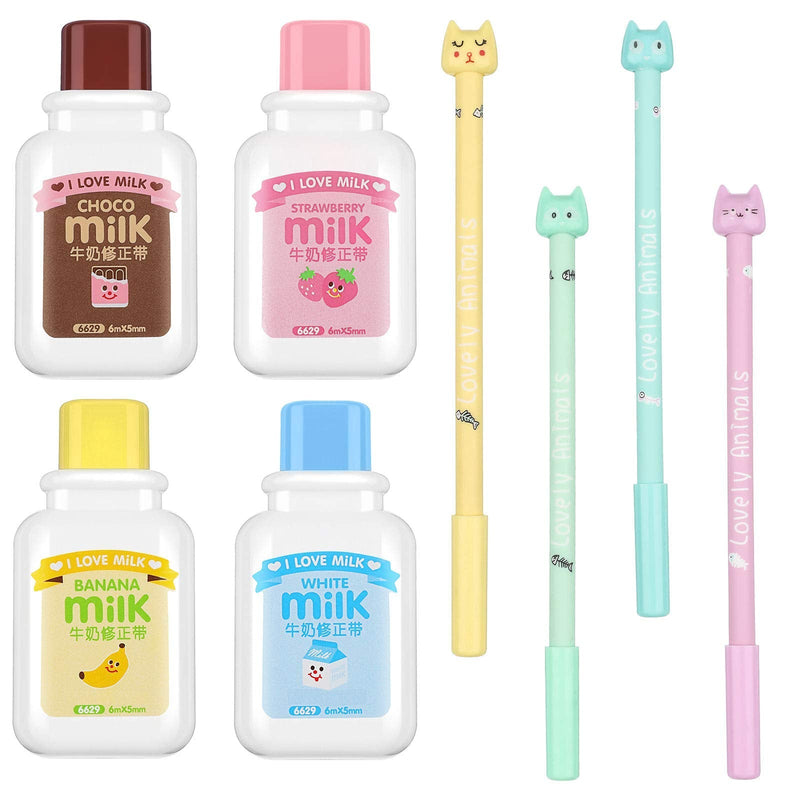  [AUSTRALIA] - 4 Pieces Milk Bottle Style Correction Tape Writing Correction Tape Eraser and 4 Pieces Cute Cartoon Cat Pens Black Writing Gel Ink Pen for Kids Students, School Stationery Office Supplies