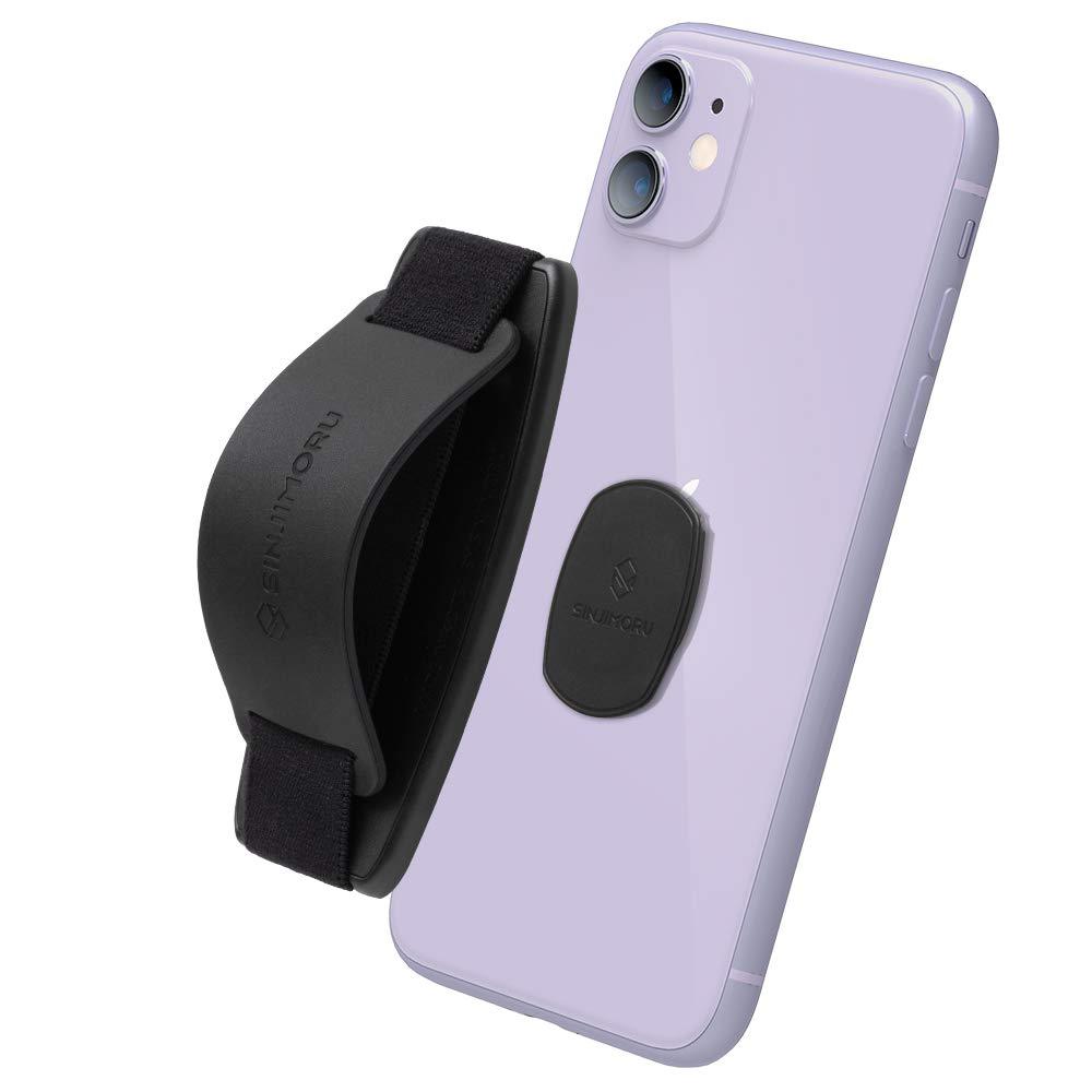 Sinjimoru Swappable Cell Phone Strap Kickstand for Wireless Charging Compatible Phone Finger Holder for iPhone 12 & Smartphones. Sinji Mount Grip, Black - LeoForward Australia