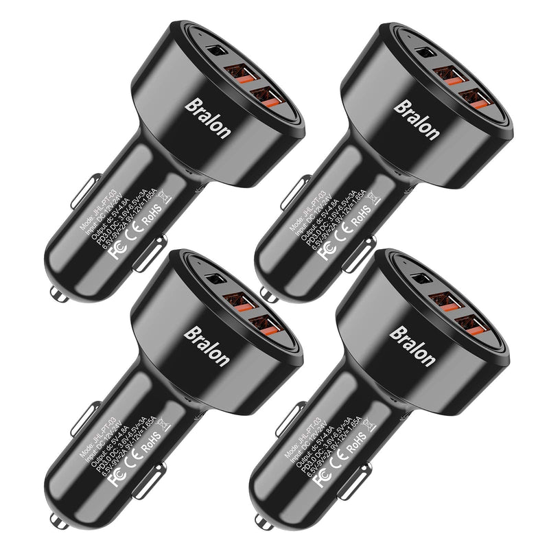  [AUSTRALIA] - USB C Car Charger[4-Pack],Bralon 44W(PD 3.0 20W & Dual USB-A 24W/4.8A) Fast Car Charger Adapter Compatible with Phone 12/12 Pro(Max)/12 mini/11/11 Pro(Max)/XS/XR/X/8/7,Galaxy Note S10 S9 S8 S7 & More