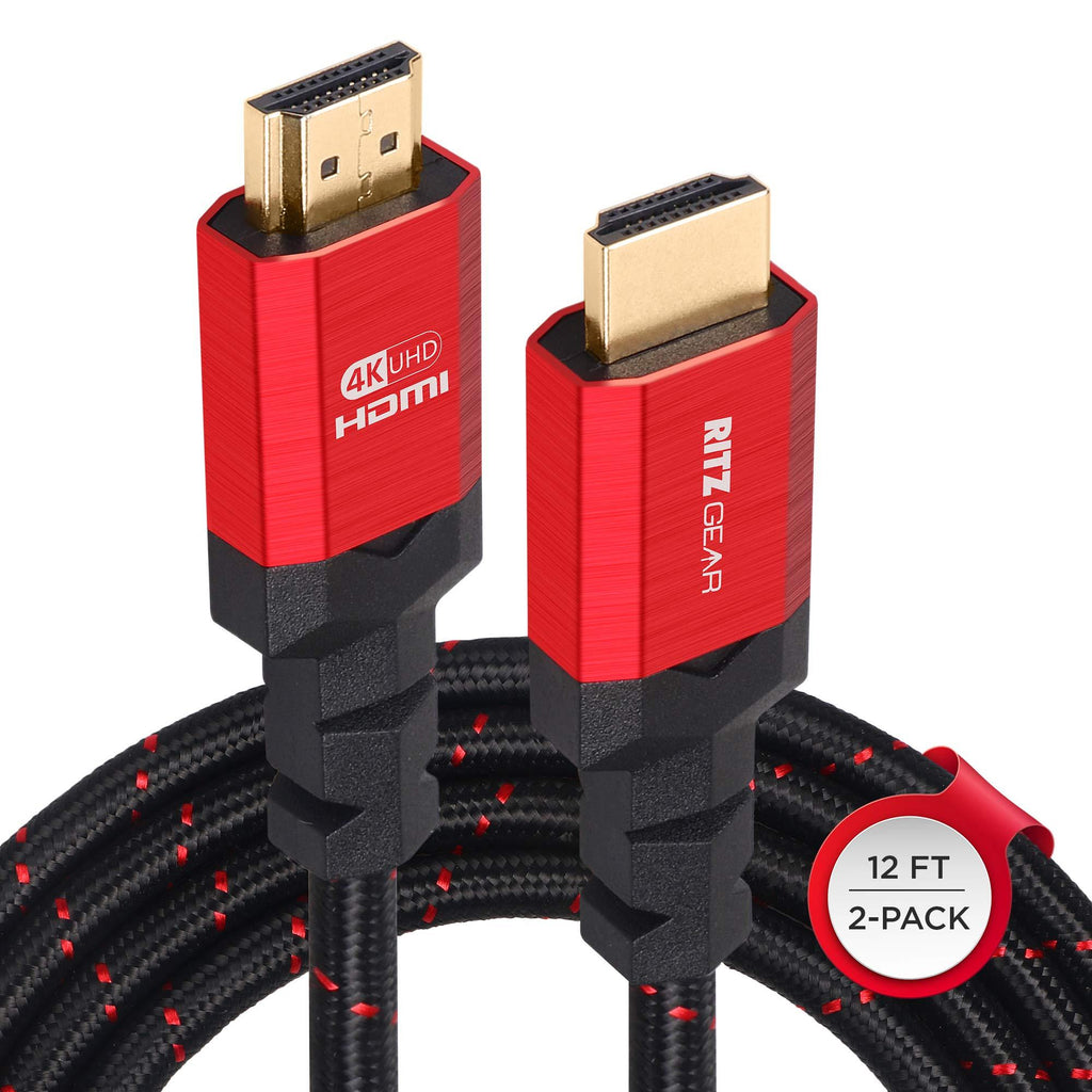Ritz Gear 4K HDMI Cable 12 ft [2 Pack] Braided Nylon Cord & Gold Connectors, High Speed HDMI 2.0 with Ethernet, Compatible with PS5, PS4, PS3, Xbox, Roku, Apple TV, HDTV, Blu-ray, Laptop, PC, Monitor 12 Feet Black/Red Braided - LeoForward Australia