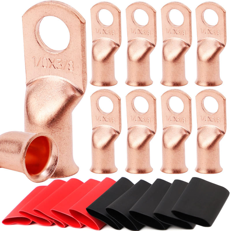  [AUSTRALIA] - TKDMR 10pcs 1/0 AWG-3/8" Battery Lugs,Heavy Duty Wire Lugs,Ring Terminals,Battery Cable Ends,0 Guage terminals,Battery Terminal Connectors with 10pcs 3:1 Heat Shrink Tubing 1/0 Awg - 3/8" (M10) Ring 10