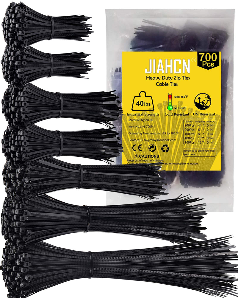  [AUSTRALIA] - 700Pack Zip Ties Assorted Sizes Cable Ties 12/10/8/6/4 Inch Small Black Zip Ties Tensile 40lbs UV Industrial Wire Ties Assortment Plastic Zip Tie Wraps Light Duty for PC Cable Management Home Zipties