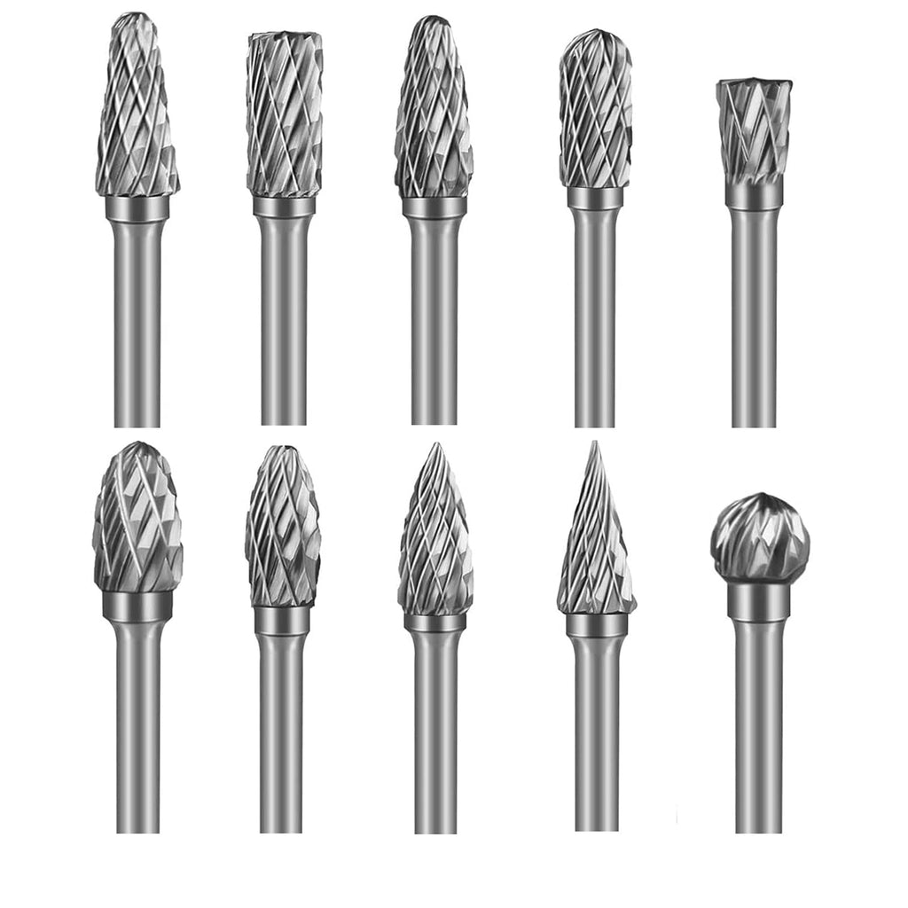 Canitu 10Pcs Rotary Burr Set Tungsten Steel Carbide Burrs Double Cut Die Grinder Bits Rotary Tool Accessories for Wood Carving Tools, Metal Engraving, Polishing, Drilling | 1/8" Shank, 1/4" Head - LeoForward Australia