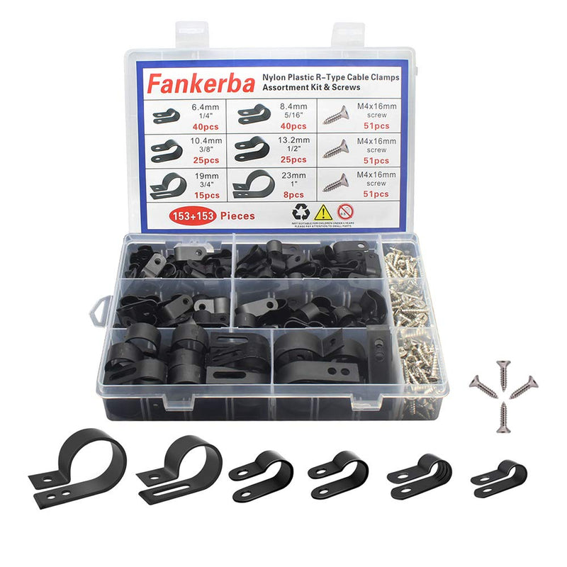  [AUSTRALIA] - 153 Pcs 6 Size Nylon Black R-Type Cable Clamp Electrical Clips Fasteners Assortment kit +153 pcs Mounting Screws/Organizer Cord Clips for Wire Management