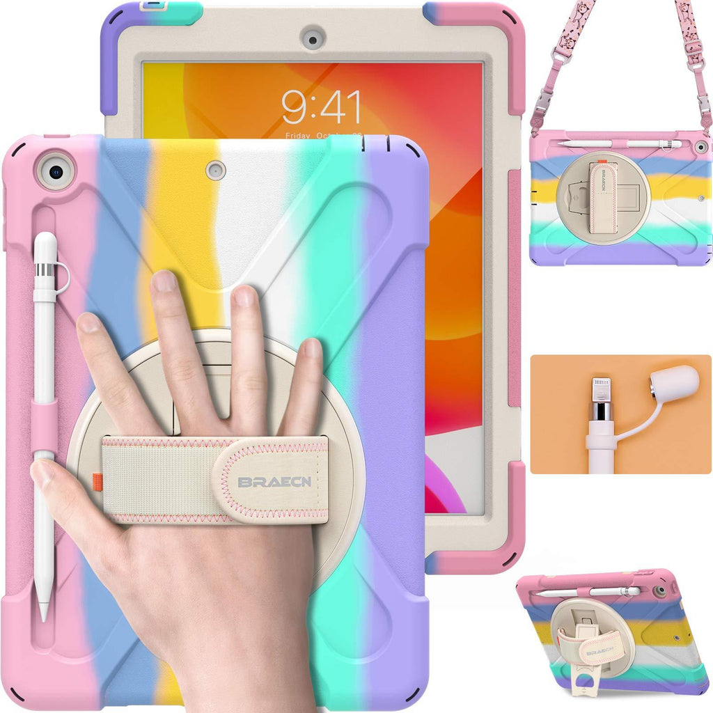 BRAECN iPad Case 9th 8th Generation 10.2 Inch 2021 2020, Heavy Duty Kids Case with Pencil Holder Screen Protector Pencil Cap Holder Hand Strap Carrying Strap for iPad 7th Gen 10.2 2019 -Colorful Pink Light - LeoForward Australia