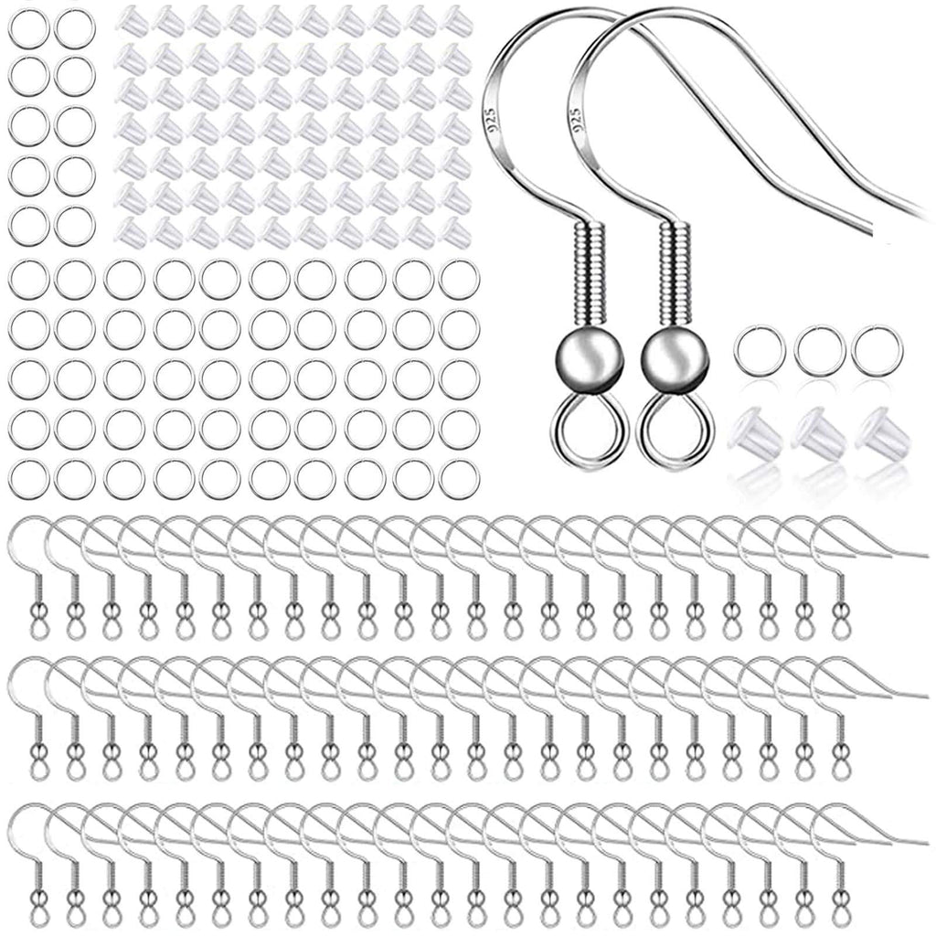 925 Sterling Silver Earring Hooks 150 PCS/75 Pairs,Ear Wires Fish Hooks,500pcs Hypoallergenic Earring Making kit with Jump Rings and Clear Silicone Earring Backs Stoppers (Silver) - LeoForward Australia