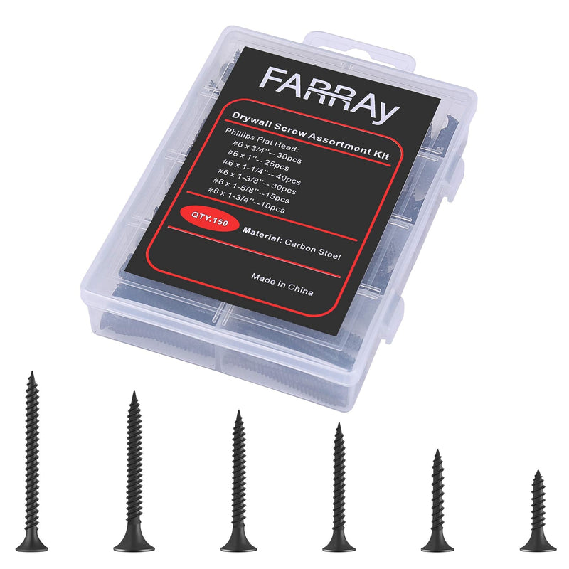  [AUSTRALIA] - FARRAY #6 Drywall Screws, 150pcs Phillips Wood Screws Assortment Kit, Carbon Steel Black Self Tapping Screws, Screw Set for Drywall Sheetrock, Furniture