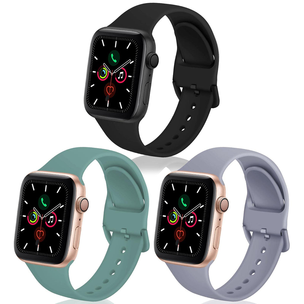 TSAAGAN 3 Pack Silicone Sport Band Compatible for Apple Watch Band 38mm 40mm 42mm 44mm, Soft Replacement Wristband Strap Accessory for iWatch Series SE/6/5/4/3/2/1 Black/Cactus/Lavender Gray 38mm/40mm S/M - LeoForward Australia