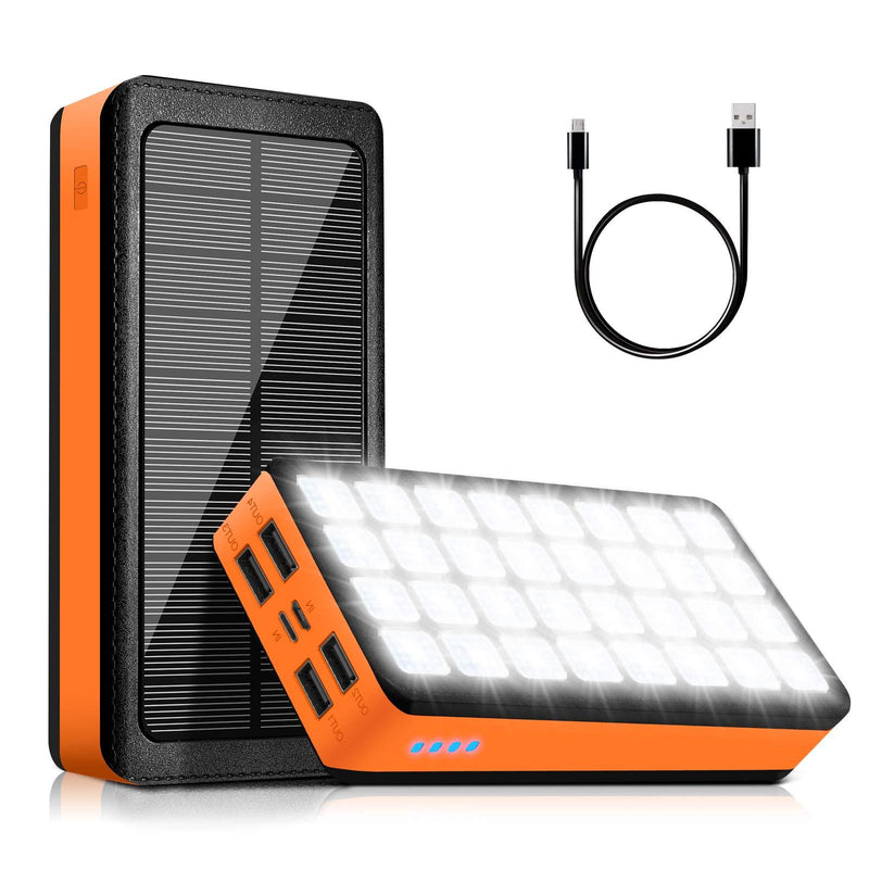 Solar Power Bank 30000mAh, Portable Phone Charger, 32 LEDs Flashlight, 4 Output Ports & 2 Input Ports, Compatible with Smartphone, Tablet, Earphone, for Camping, Hiking, Trip Orange - LeoForward Australia