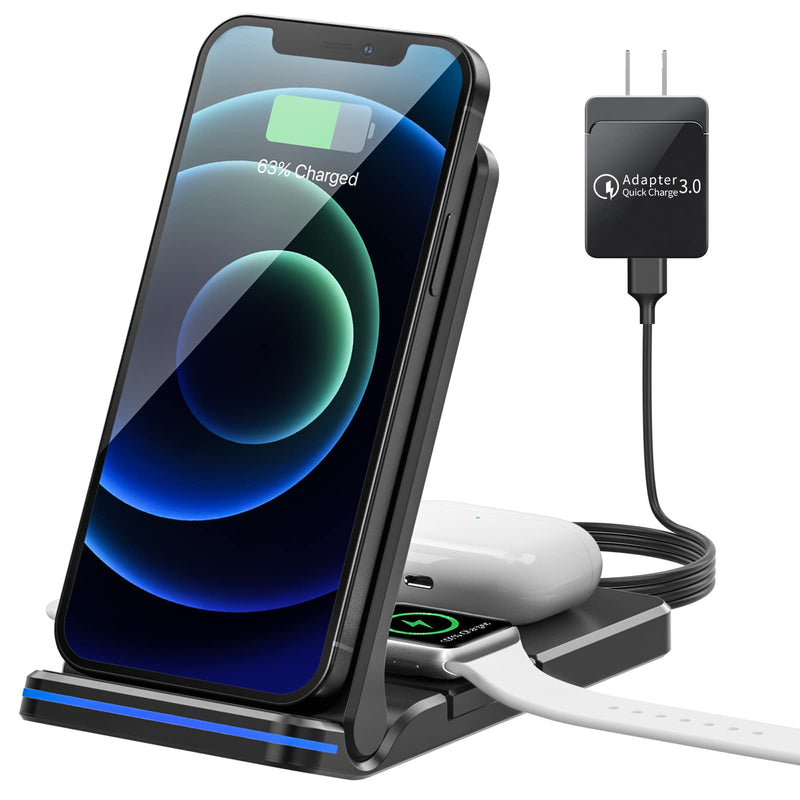  [AUSTRALIA] - Wireless Charger 3 in 1 Wireless Charging Station Qi Fast Charger Stand for iPhone 13/12/11/Pro/Max/XR/XS/XS Max/X /8/8 Plus, Apple Watch, Airpods 2/Pro, Samsung Galaxy Phone with 18W Adapter, Black
