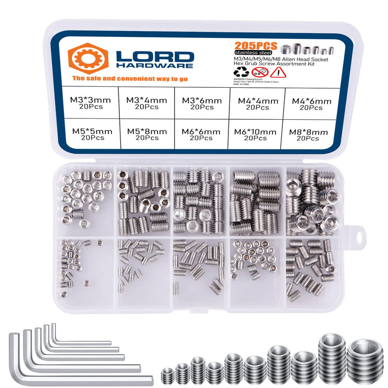  [AUSTRALIA] - LordHardware 200Pcs Allen Head Socket Hex Set Screw Bolts Assortment Grub Screws Kit Metric M3 M4 M5 M6 M8 w/Internal Hex Drive, Stainless Steel Silver