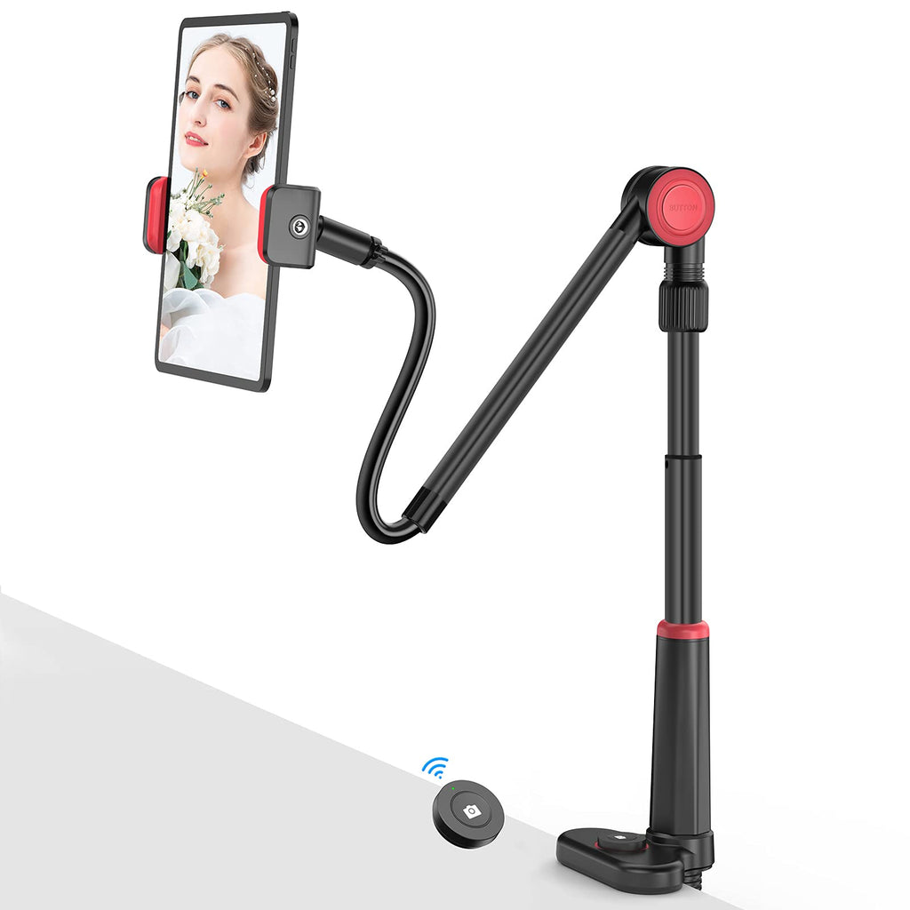  [AUSTRALIA] - Phone/Tablet Holder for Bed,Flexible Gooseneck Long arm Cell Phone Stand with Detachable Remote,Overhead Phone Mount for Recording Reading clamp Compatible with Smartphone/Tablet/ipad/iPhone 4.6"-11" Red