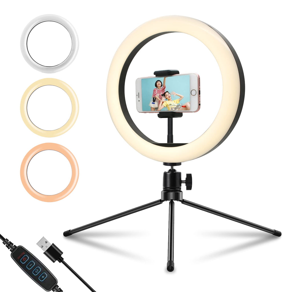  [AUSTRALIA] - sumcoo Dimmable Selfie 10" LED Desk Ring Light with Tripod Stand & Phone Holder & Remote for Live Streaming,TikTok Photography,iOS and Android Smartphone with 3 Light Modes & 10 Brightness Level 10 inches with phone holder
