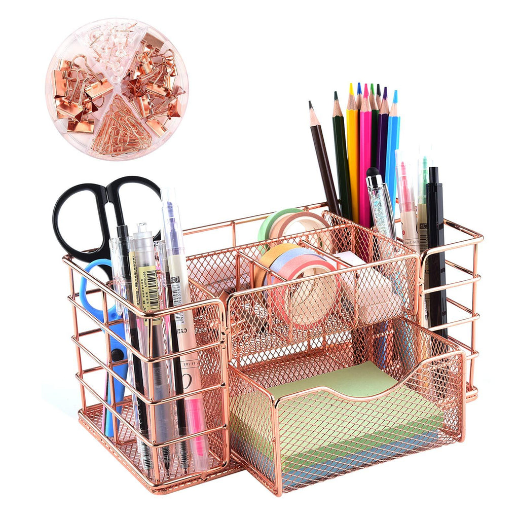 Rose Gold Desk Organizer Office Supplies Organizer, Metal Multifunctional Desktop Caddy with Drawers for Office, School & Home - LeoForward Australia