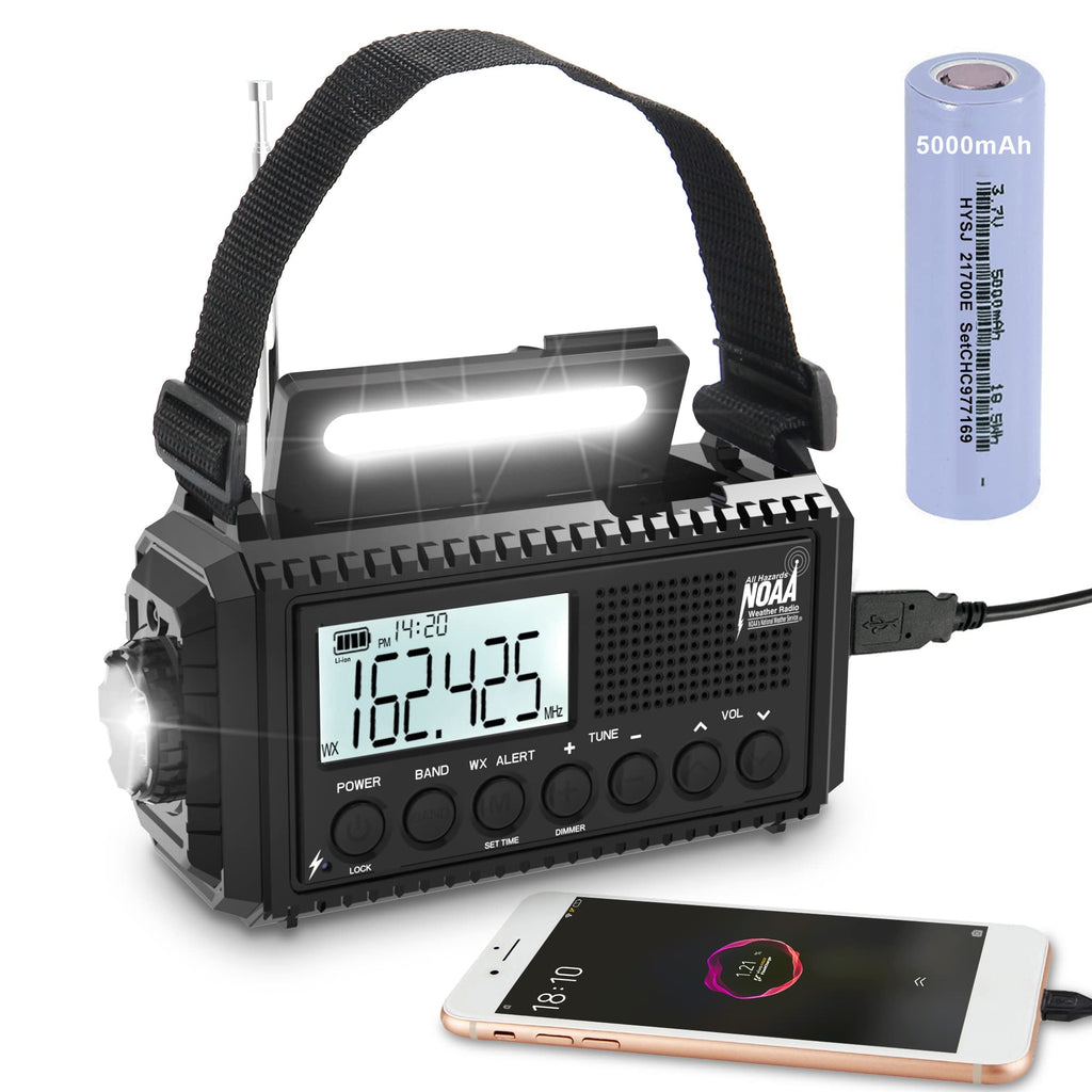  [AUSTRALIA] - 5000mAh Auto NOAA Digital Weather Radio,5 Way Powered Solar Hand Crank Portable Emergency Radio/Phone Charger with Backlit LCD Screen,AM/FM/Shortwave,Read Lamp/Camping Flashlight,Earbud Jack,Clock,SOS Black(5000mAh,Auto Alert,LCD Display)