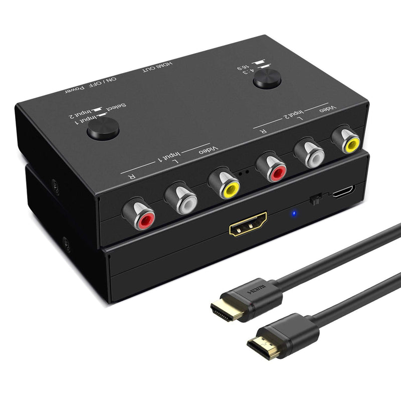  [AUSTRALIA] - Azduou 2 AV to HDMI, 1080P/720P 2 Way RCA Composite CVBS AV Switch to HDMI Video Audio Converter Adapter Support 4:3/16:9 Switching, for Sega Xbox PS2 PS3 N64 NGC SNES WII VHS VCR Camera DVD 2 RCA Converter