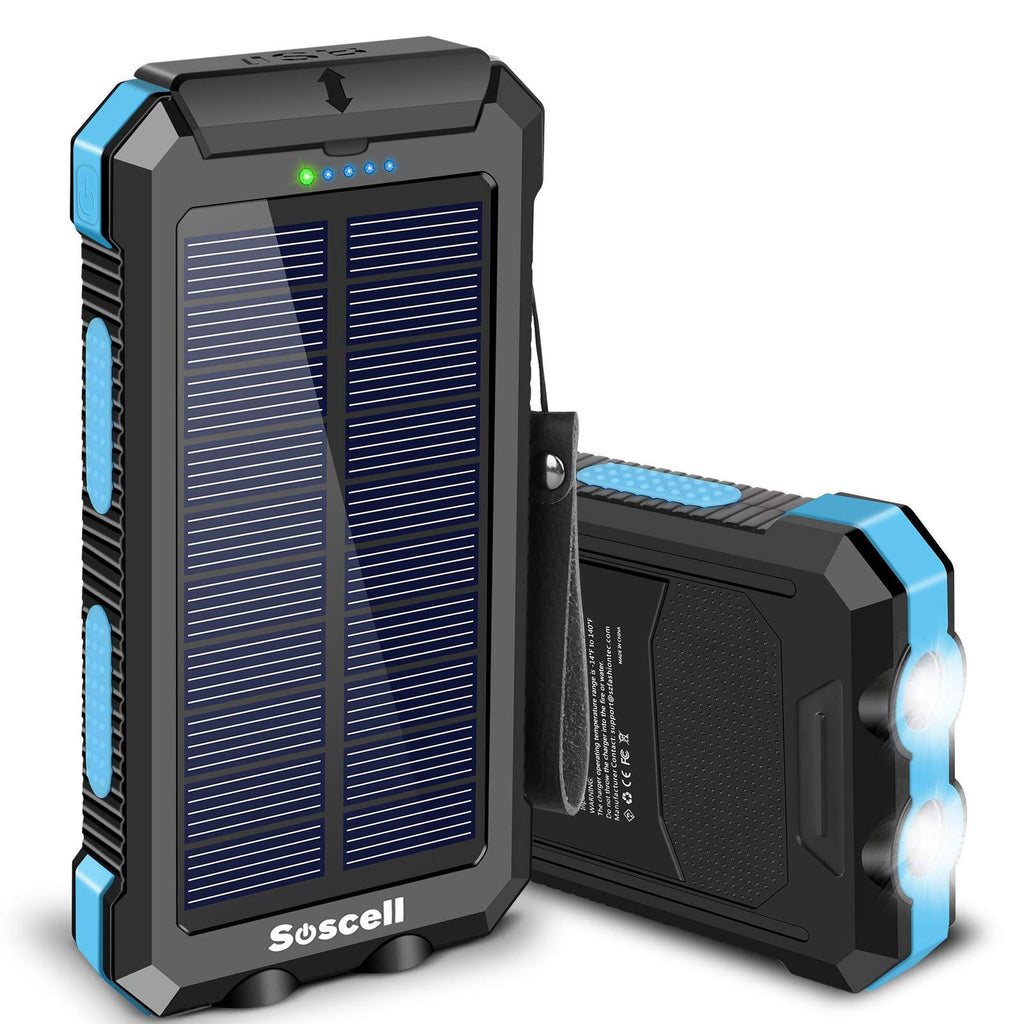 Solar Power Bank 30000mAh, Suscell Portable Solar Phone Charger with 2 Output Ports, Flashlight, IPX4 Splashproof and Shockproof for Outdoor Activities, Compatible with Smartphones and Other Devices Blue-30,000mAh - LeoForward Australia