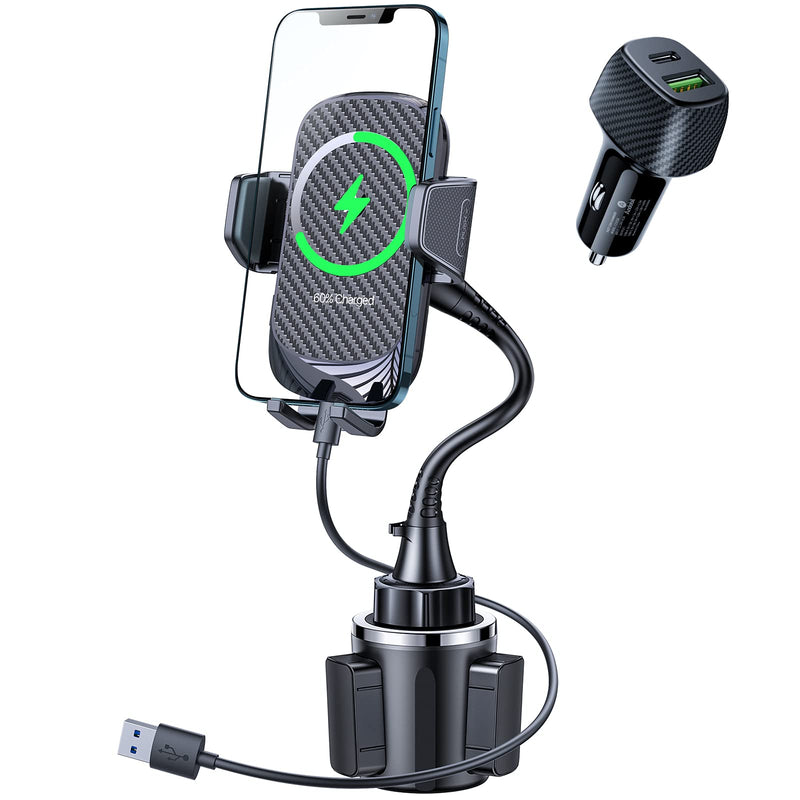  [AUSTRALIA] - [Fast Charging] andobil 15in Cup Holder Wireless Charger, [Easily Install & Adjust] Gooseneck Car Cup Holder Phone Mount, Fit for iPhone 13 12 Pro Max X Samsung Galaxy S21 Note 20 LG & All Smartphones Black