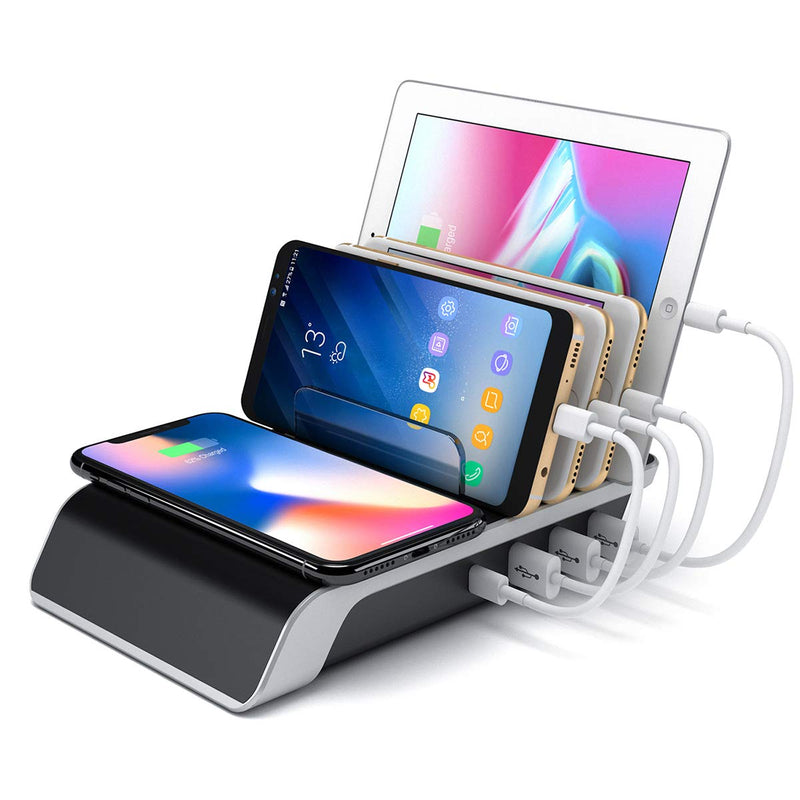  [AUSTRALIA] - BOREAD Desktop Charging Station,5-in-1 Multiple Charger Dock with Wireless Charger,3 USB Ports &1 Type-C Ports,Smart Phones, Tablets, and Other Electronics(Black) Black
