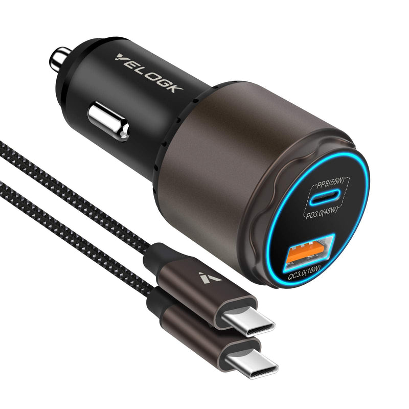  [AUSTRALIA] - VELOGK Super Fast Type C Car Charger [73W Turbo], Metal Adaptive 55W 45W PPS/PD&QC3.0 USB C Car Adapter[Super Fast Charging 2.0]for Samsung S23 Ultra/S22+/S21/S20/Note 20/10 Plus,iPad Pro/Air,Macbook Black