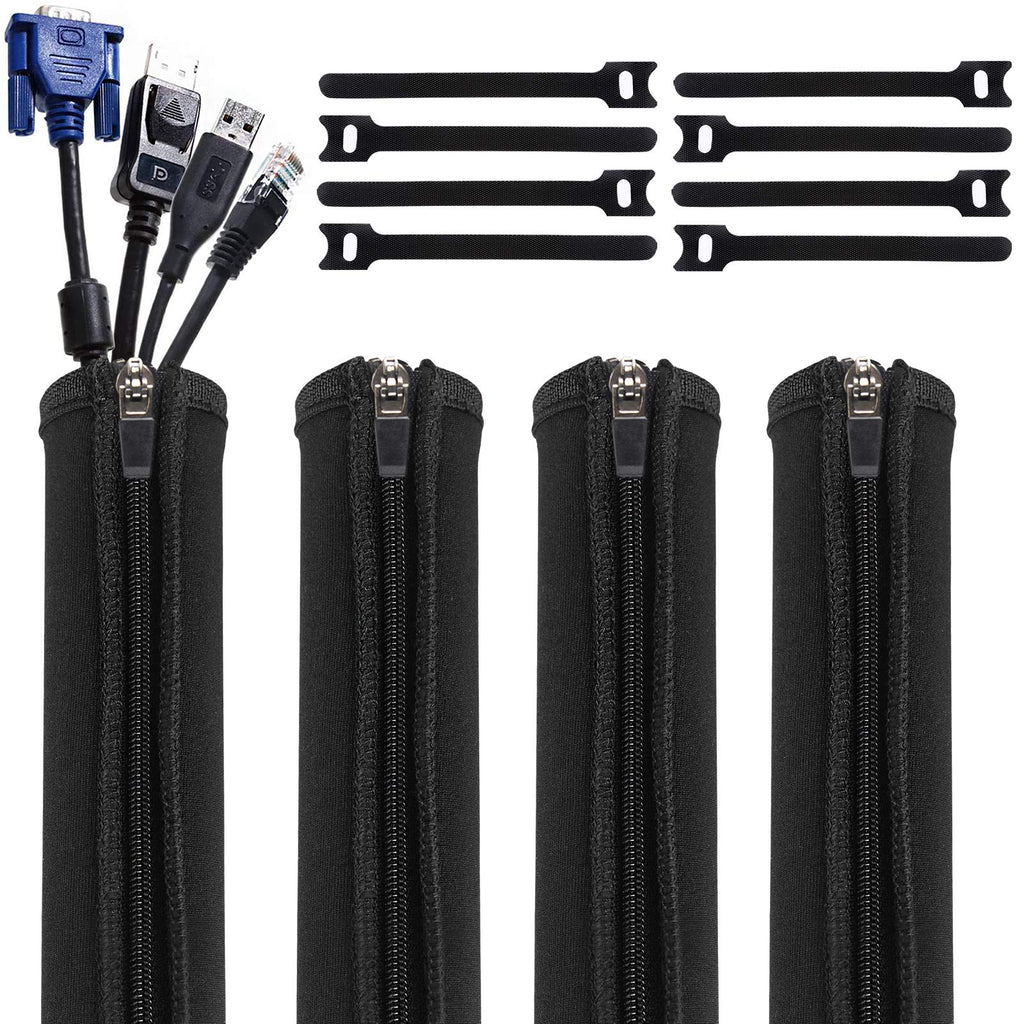  [AUSTRALIA] - Geekria 4 Pack Cable Management, Wire Management with 8 Pieces Cable Ties, 20 Inch Cord Management with Zipper for TV/Office/Home Entertainment/Computer, Desk Cable Management (Black)