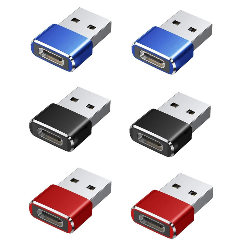  [AUSTRALIA] - USB C Female to USB Male Adapter 6-Pack,Type C to USB A Charger Cable Adapter,Compatible with iPhone 11 12 Mini Pro Max,2020,Samsung Galaxy Note 10 S21 S20 Plus,Google Pixel 5 4A 3a 2 XL 6 Pack （Red, Black, Blue）