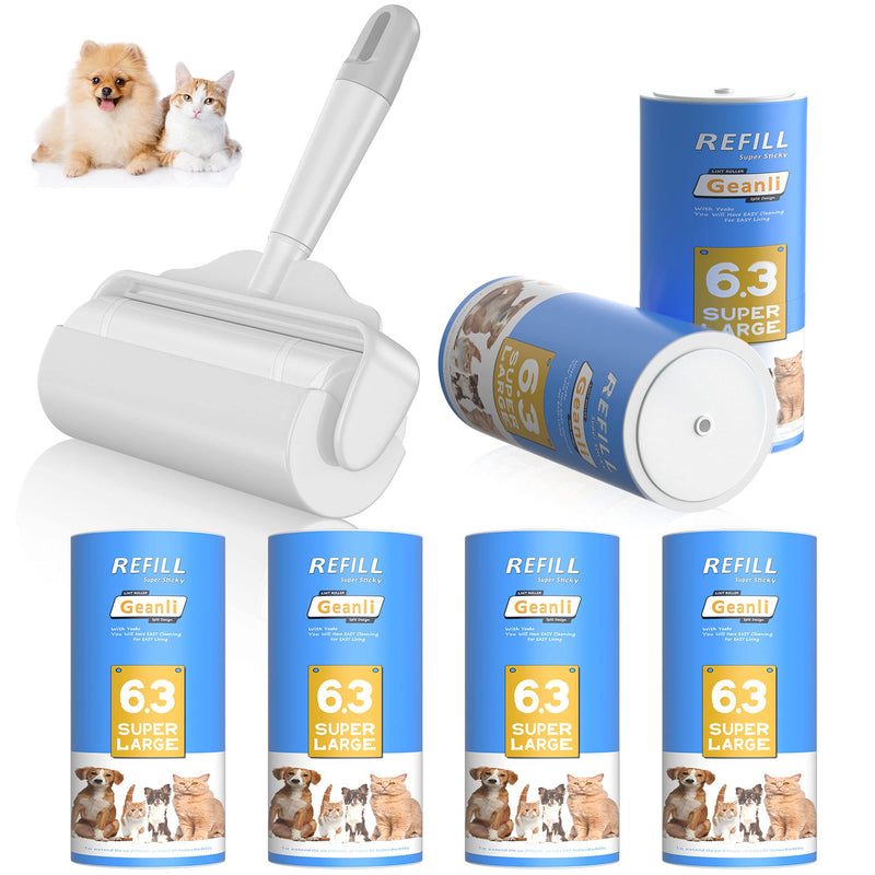 Geanli Lint Rollers for Pet Hair Extra Sticky丨Large Lint Roller pro Clothes丨6.3'' Wider with 420 Sheets/6 Refills丨Giant Lint Roller Remover for Dog Cat Furniture Couch White (1 Handle+6 Refills) - LeoForward Australia