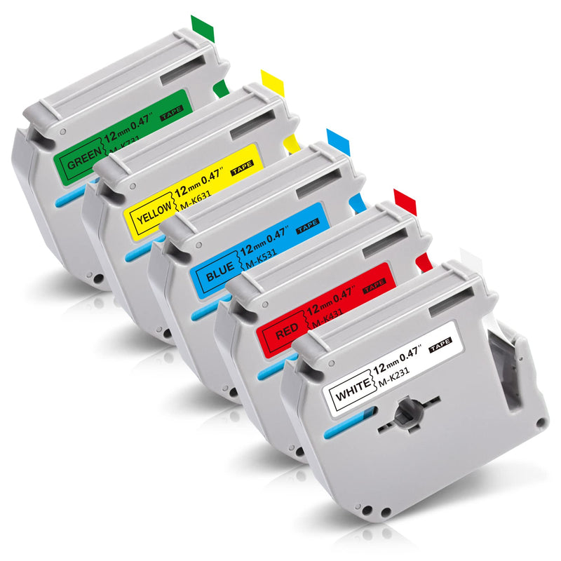  [AUSTRALIA] - 5P M-K231 M Tape MK231-731 12mm 1/2 Compatible with Brother M Label Tape 12mm 0.47 White/Color Label Maker M Tape Compatible with Brother PT-80 PT-70 PT-65 PT-55 PT-M95 PT-90 White/Red/Blue/Yellow/Green-5p