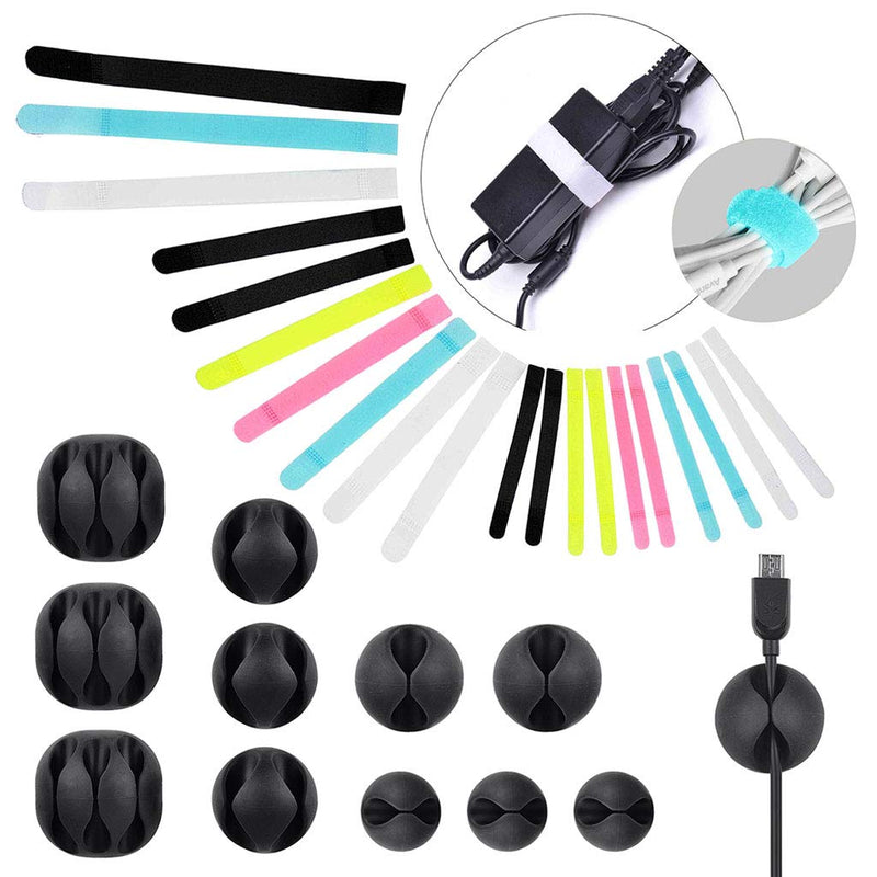  [AUSTRALIA] - Avantree Cable Management Set: 50 Pcs Velcro Cable Ties Straps Cord Organizer (Pack of 1) and 12 Pcs Durable Adhesive Cord Holders Cable Clips (Pack of 1) for Headphones Phones Electronics PC Wires