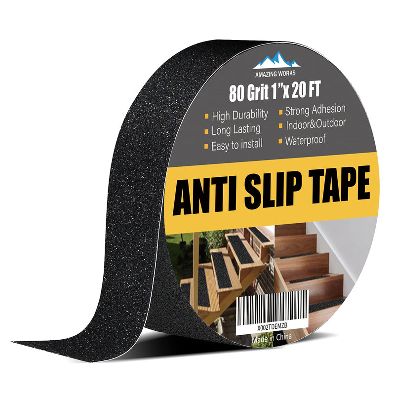  [AUSTRALIA] - Anti Slip Tape - Heavy Duty Grip Tape 80 Grit Non Slip for Stairs Outdoor/Indoor, Waterproof High Traction Stairs Non Skid Treads, Durable Triple Layer Adhesive - Black (1 Inch x 20 Feet) 1 Inch x 20 Feet