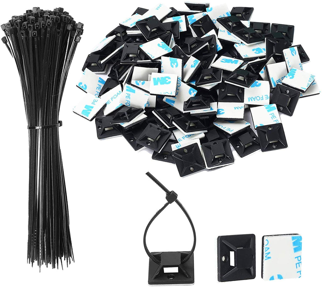  [AUSTRALIA] - Black Cable Tie Zip Self Adhesive Mounts Set, Cable Base Holders with Multi-Purpose Sticky Pads 100 sets